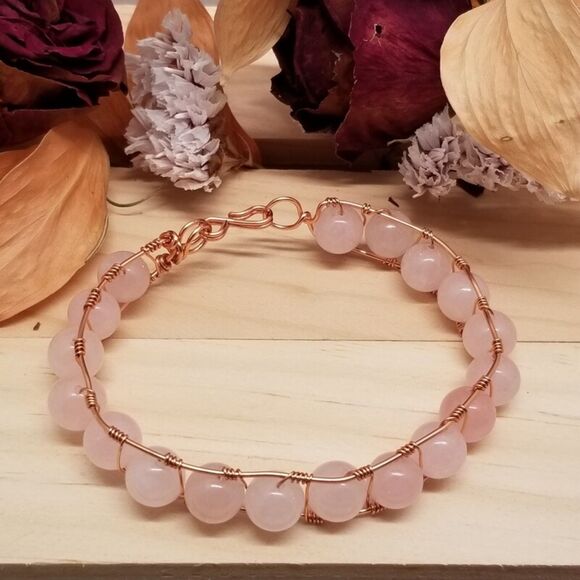 Handmade Rose Quartz Wire Wrapped Bracelet Copper Tone Healing Jewelry - Picture 2 of 6